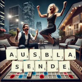 Kreative Illustration für ein Scrabble-Spiel, bei dem das Wort AUSBLASENDE mit Steinen auf dem Brett gelegt wurde.