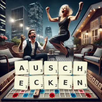 Kreative Illustration für ein Scrabble-Spiel, bei dem das Wort AUSCHECKEN mit Steinen auf dem Brett gelegt wurde.