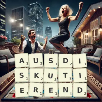 Kreative Illustration für ein Scrabble-Spiel, bei dem das Wort AUSDISKUTIEREND mit Steinen auf dem Brett gelegt wurde.