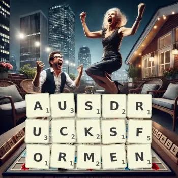 Kreative Illustration für ein Scrabble-Spiel, bei dem das Wort AUSDRUCKSFORMEN mit Steinen auf dem Brett gelegt wurde.