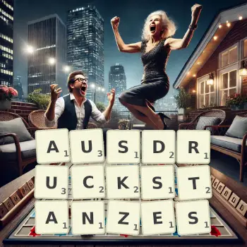 Kreative Illustration für ein Scrabble-Spiel, bei dem das Wort AUSDRUCKSTANZES mit Steinen auf dem Brett gelegt wurde.