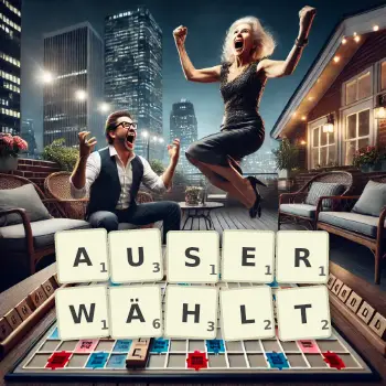 Kreative Illustration für ein Scrabble-Spiel, bei dem das Wort AUSERWÄHLT mit Steinen auf dem Brett gelegt wurde.