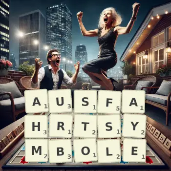 Kreative Illustration für ein Scrabble-Spiel, bei dem das Wort AUSFAHRTSYMBOLE mit Steinen auf dem Brett gelegt wurde.