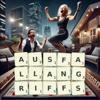 Kreative Illustration für ein Scrabble-Spiel, bei dem das Wort AUSFALLANGRIFFS mit Steinen auf dem Brett gelegt wurde.