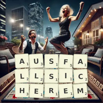 Kreative Illustration für ein Scrabble-Spiel, bei dem das Wort AUSFALLSICHEREM mit Steinen auf dem Brett gelegt wurde.