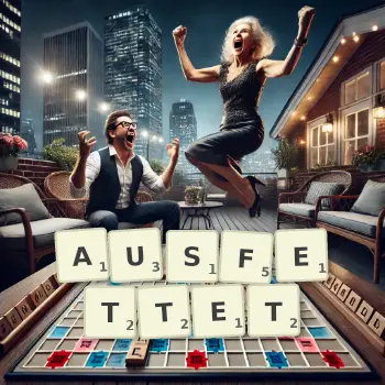 Kreative Illustration für ein Scrabble-Spiel, bei dem das Wort AUSFETTET mit Steinen auf dem Brett gelegt wurde.