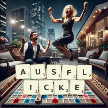 Kreative Illustration für ein Scrabble-Spiel, bei dem das Wort AUSFLICKE mit Steinen auf dem Brett gelegt wurde.