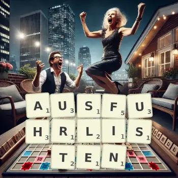 Kreative Illustration für ein Scrabble-Spiel, bei dem das Wort AUSFUHRLISTEN mit Steinen auf dem Brett gelegt wurde.