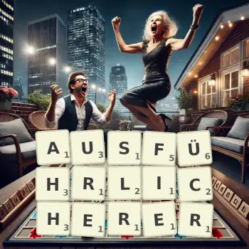 Kreative Illustration für ein Scrabble-Spiel, bei dem das Wort AUSFÜHRLICHERER mit Steinen auf dem Brett gelegt wurde.