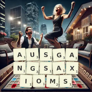 Kreative Illustration für ein Scrabble-Spiel, bei dem das Wort AUSGANGSAXIOMS mit Steinen auf dem Brett gelegt wurde.