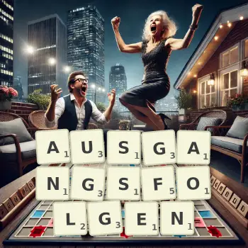 Kreative Illustration für ein Scrabble-Spiel, bei dem das Wort AUSGANGSFOLGEN mit Steinen auf dem Brett gelegt wurde.