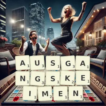 Kreative Illustration für ein Scrabble-Spiel, bei dem das Wort AUSGANGSKEIMEN mit Steinen auf dem Brett gelegt wurde.