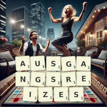 Kreative Illustration für ein Scrabble-Spiel, bei dem das Wort AUSGANGSREIZES mit Steinen auf dem Brett gelegt wurde.