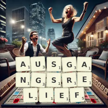 Kreative Illustration für ein Scrabble-Spiel, bei dem das Wort AUSGANGSRELIEF mit Steinen auf dem Brett gelegt wurde.