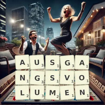 Kreative Illustration für ein Scrabble-Spiel, bei dem das Wort AUSGANGSVOLUMEN mit Steinen auf dem Brett gelegt wurde.