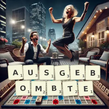 Kreative Illustration für ein Scrabble-Spiel, bei dem das Wort AUSGEBOMBTE mit Steinen auf dem Brett gelegt wurde.