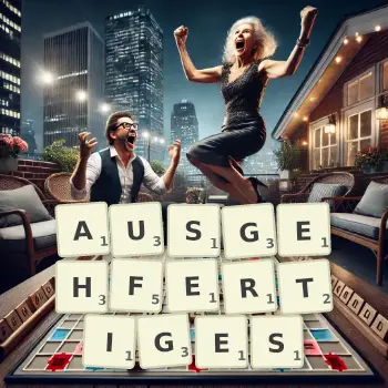 Kreative Illustration für ein Scrabble-Spiel, bei dem das Wort AUSGEHFERTIGES mit Steinen auf dem Brett gelegt wurde.