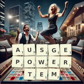 Kreative Illustration für ein Scrabble-Spiel, bei dem das Wort AUSGEPOWERTEM mit Steinen auf dem Brett gelegt wurde.