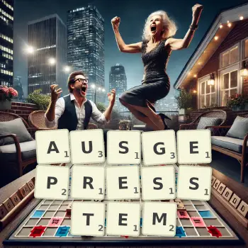 Kreative Illustration für ein Scrabble-Spiel, bei dem das Wort AUSGEPRESSTEM mit Steinen auf dem Brett gelegt wurde.