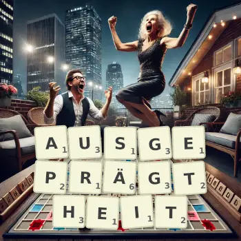 Kreative Illustration für ein Scrabble-Spiel, bei dem das Wort AUSGEPRÄGTHEIT mit Steinen auf dem Brett gelegt wurde.