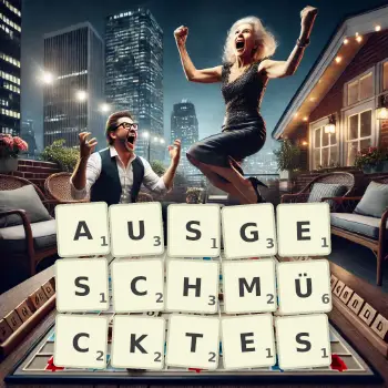 Kreative Illustration für ein Scrabble-Spiel, bei dem das Wort AUSGESCHMÜCKTES mit Steinen auf dem Brett gelegt wurde.