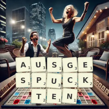 Kreative Illustration für ein Scrabble-Spiel, bei dem das Wort AUSGESPUCKTEN mit Steinen auf dem Brett gelegt wurde.