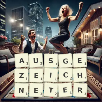 Kreative Illustration für ein Scrabble-Spiel, bei dem das Wort AUSGEZEICHNETER mit Steinen auf dem Brett gelegt wurde.