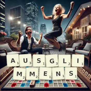 Kreative Illustration für ein Scrabble-Spiel, bei dem das Wort AUSGLIMMENS mit Steinen auf dem Brett gelegt wurde.