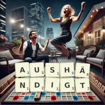 Kreative Illustration für ein Scrabble-Spiel, bei dem das Wort AUSHÄNDIGT mit Steinen auf dem Brett gelegt wurde.