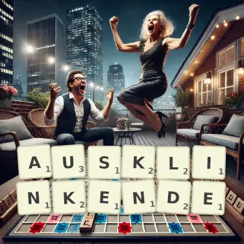 Kreative Illustration für ein Scrabble-Spiel, bei dem das Wort AUSKLINKENDE mit Steinen auf dem Brett gelegt wurde.