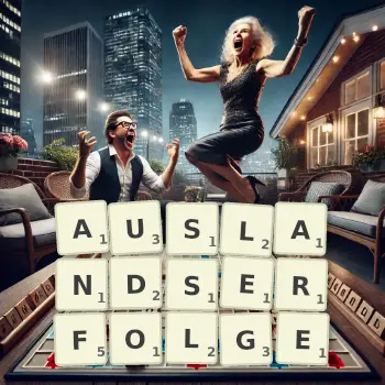 Kreative Illustration für ein Scrabble-Spiel, bei dem das Wort AUSLANDSERFOLGE mit Steinen auf dem Brett gelegt wurde.
