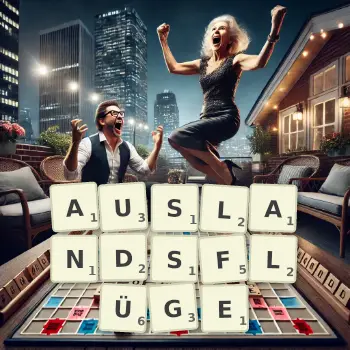 Kreative Illustration für ein Scrabble-Spiel, bei dem das Wort AUSLANDSFLÜGE mit Steinen auf dem Brett gelegt wurde.