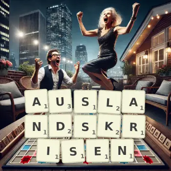 Kreative Illustration für ein Scrabble-Spiel, bei dem das Wort AUSLANDSKRISEN mit Steinen auf dem Brett gelegt wurde.
