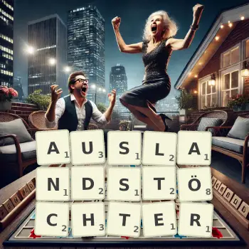 Kreative Illustration für ein Scrabble-Spiel, bei dem das Wort AUSLANDSTÖCHTER mit Steinen auf dem Brett gelegt wurde.