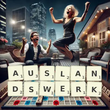 Kreative Illustration für ein Scrabble-Spiel, bei dem das Wort AUSLANDSWERK mit Steinen auf dem Brett gelegt wurde.