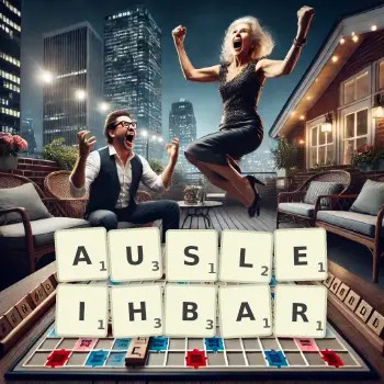 Kreative Illustration für ein Scrabble-Spiel, bei dem das Wort AUSLEIHBAR mit Steinen auf dem Brett gelegt wurde.