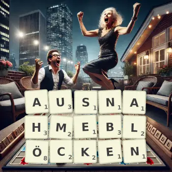 Kreative Illustration für ein Scrabble-Spiel, bei dem das Wort AUSNAHMEBLÖCKEN mit Steinen auf dem Brett gelegt wurde.