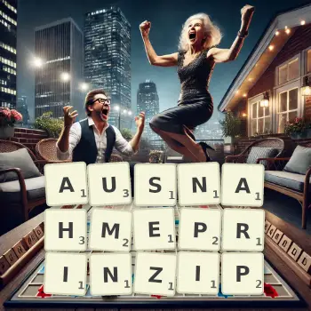 Kreative Illustration für ein Scrabble-Spiel, bei dem das Wort AUSNAHMEPRINZIP mit Steinen auf dem Brett gelegt wurde.
