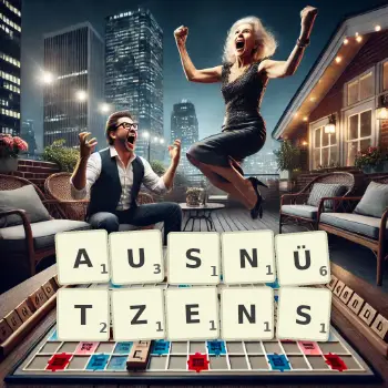 Kreative Illustration für ein Scrabble-Spiel, bei dem das Wort AUSNÜTZENS mit Steinen auf dem Brett gelegt wurde.