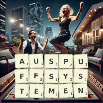 Kreative Illustration für ein Scrabble-Spiel, bei dem das Wort AUSPUFFSYSTEMEN mit Steinen auf dem Brett gelegt wurde.