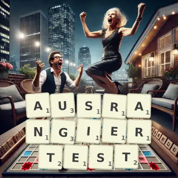 Kreative Illustration für ein Scrabble-Spiel, bei dem das Wort AUSRANGIERTEST mit Steinen auf dem Brett gelegt wurde.