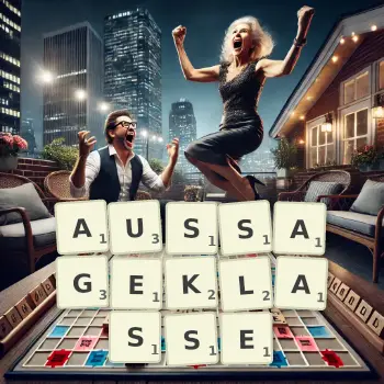 Kreative Illustration für ein Scrabble-Spiel, bei dem das Wort AUSSAGEKLASSE mit Steinen auf dem Brett gelegt wurde.