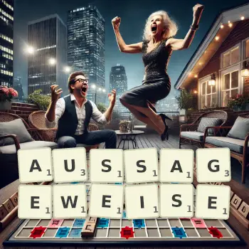 Kreative Illustration für ein Scrabble-Spiel, bei dem das Wort AUSSAGEWEISE mit Steinen auf dem Brett gelegt wurde.