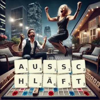 Kreative Illustration für ein Scrabble-Spiel, bei dem das Wort AUSSCHLÄFT mit Steinen auf dem Brett gelegt wurde.