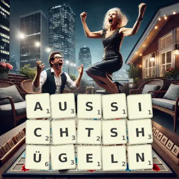 Kreative Illustration für ein Scrabble-Spiel, bei dem das Wort AUSSICHTSHÜGELN mit Steinen auf dem Brett gelegt wurde.