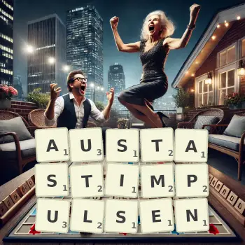 Kreative Illustration für ein Scrabble-Spiel, bei dem das Wort AUSTASTIMPULSEN mit Steinen auf dem Brett gelegt wurde.