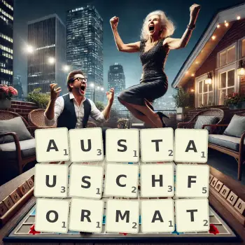 Kreative Illustration für ein Scrabble-Spiel, bei dem das Wort AUSTAUSCHFORMAT mit Steinen auf dem Brett gelegt wurde.