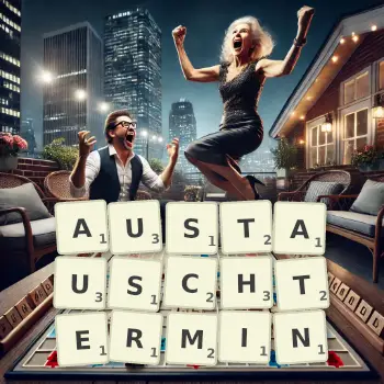 Kreative Illustration für ein Scrabble-Spiel, bei dem das Wort AUSTAUSCHTERMIN mit Steinen auf dem Brett gelegt wurde.