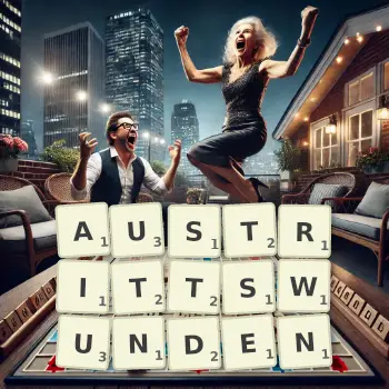 Kreative Illustration für ein Scrabble-Spiel, bei dem das Wort AUSTRITTSWUNDEN mit Steinen auf dem Brett gelegt wurde.