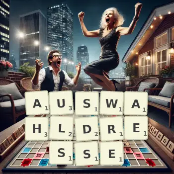 Kreative Illustration für ein Scrabble-Spiel, bei dem das Wort AUSWAHLDRESSE mit Steinen auf dem Brett gelegt wurde.